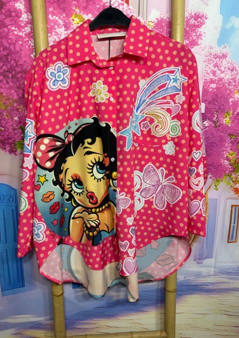 Chemise rose vif pois corail manches réglables Betty Boop fleurs du 40 au 50/52 