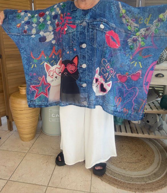 Tunique voile doublée oversize effet jeans délavé Le duo de chats du 40 au 52  