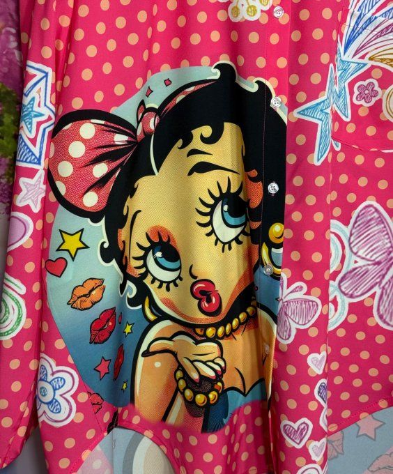 Chemise rose vif pois corail manches réglables Betty Boop fleurs du 40 au 50/52 