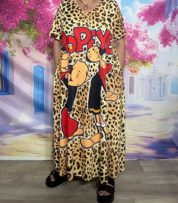 Robe longue trapèze Léopard Popeye et Olive in Love du 40 au 52 