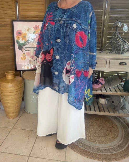 Tunique voile doublée oversize effet jeans délavé Le duo de chats du 40 au 52  
