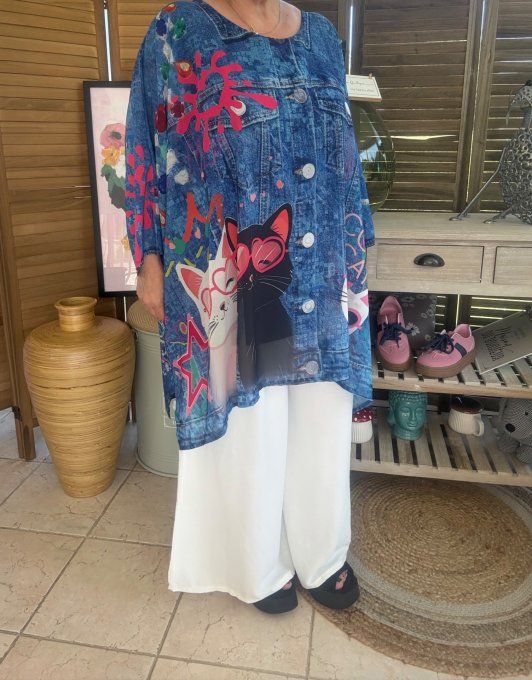 Tunique voile doublée oversize effet jeans délavé Le duo de chats du 40 au 52  