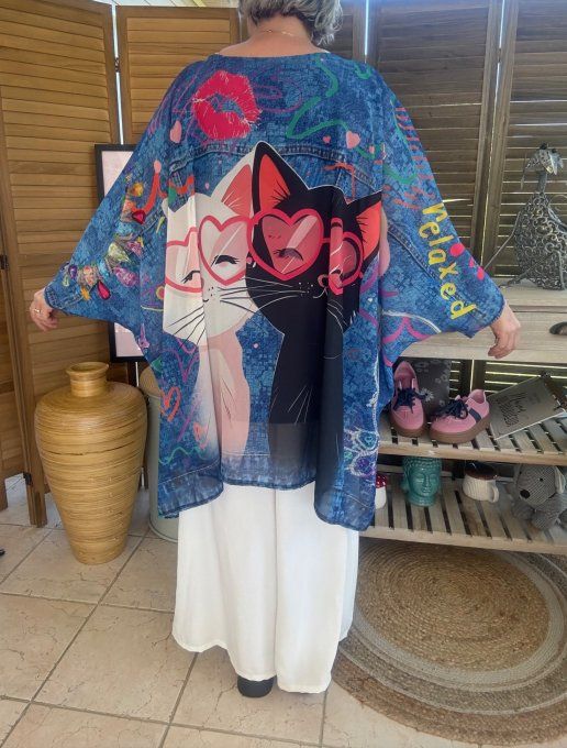 Tunique voile doublée oversize effet jeans délavé Le duo de chats du 40 au 52  