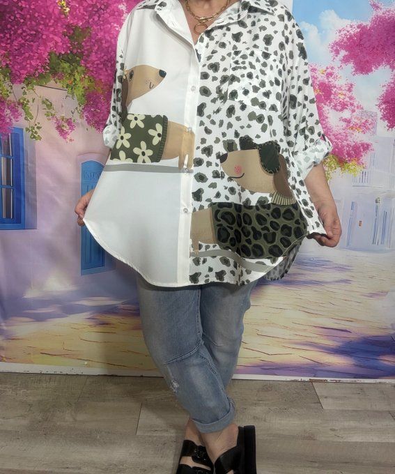 Chemise blanche & Léopard Kaki manches réglables Les Chiens Teckel du 40 au 50/52  