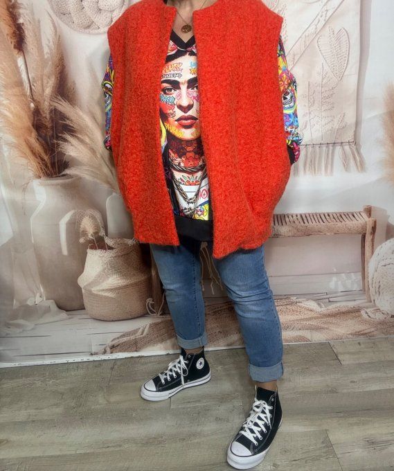 Veste sans manches façon laine bouillie orangé chiné du 40 au 50/52 