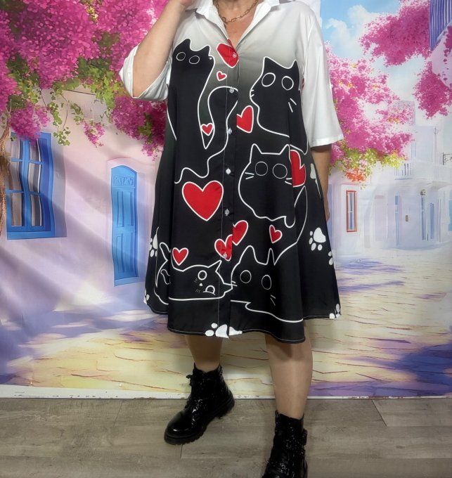 Robe chemise trapèze Les chats amoureux du 36 au 46 et même + si portée ouverte