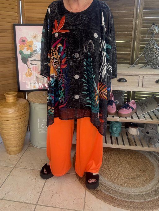 Tunique voile doublée oversize effet jeans noir Jungle Tropicale Le Tigre du 40 au 52 