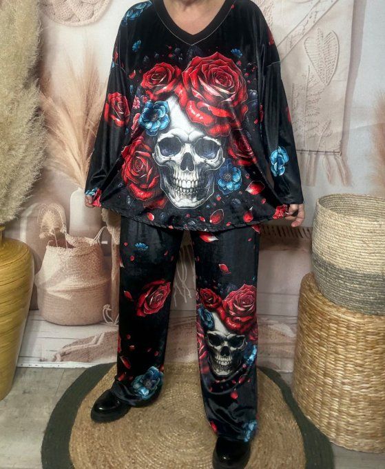 Survêtement ou Ensemble détente velours Skulls Red & Blue Roses du 38 au 50/52