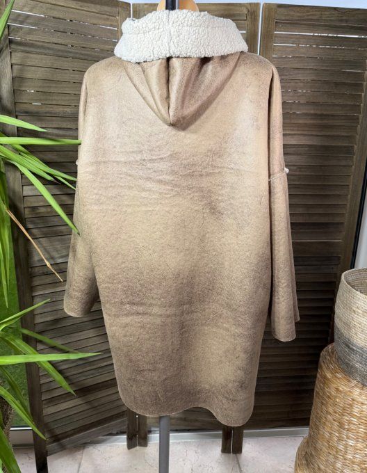 Manteau à capuche camel irisé effet cuir et peau mouton retourné du 40 au 50 et même +