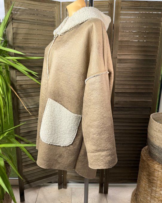Manteau à capuche camel irisé effet cuir et peau mouton retourné du 40 au 50 et même +