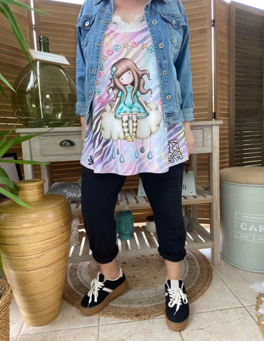 Top oversize noir asymétrique zip Bulles silver or manches longues 40 au 50/52