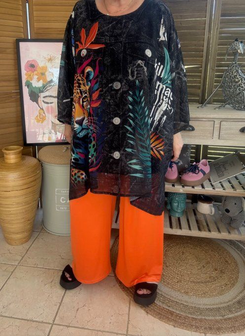 Tunique voile doublée oversize effet jeans noir Jungle Tropicale Le Tigre du 40 au 52 