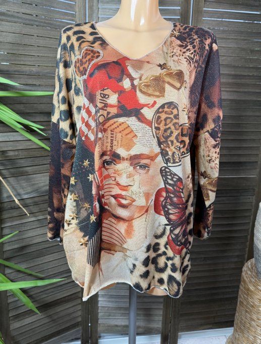 Top lurex beige pailleté doré Frida Kahlo du 38 au 48