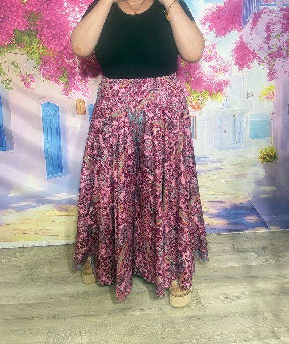 Panta-jupe en soie cuisses larges ceinture smockée Cachemire Fuschia rose prune du 38 au 50/52 