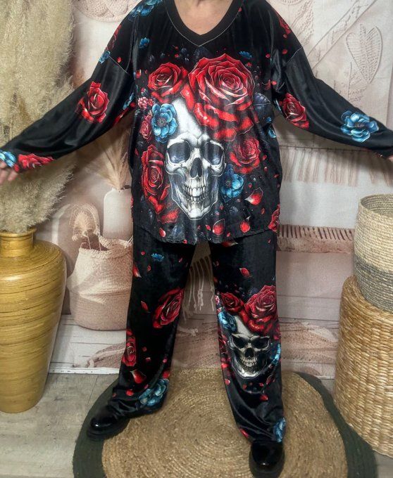 Survêtement ou Ensemble détente velours Skulls Red & Blue Roses du 38 au 50/52