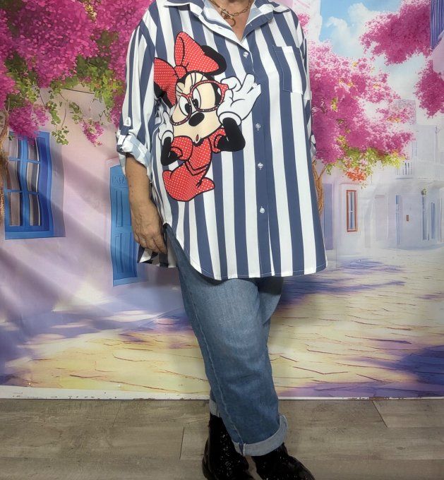 Chemise rayée bleu blanc manches réglables Minnie Mouse Disney du 40 au 52