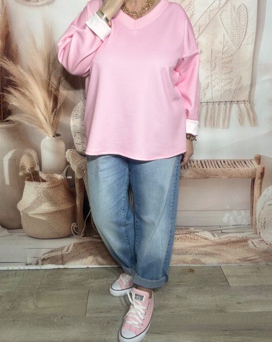 Sweat ample col V  Rose bébé manches longues Les Basiques du Dressing du 40 au 50