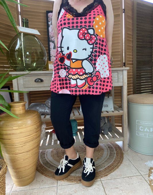 Caraco Débardeur Top trapèze satiné mat & dentelle pois Hello Kitty du 40 au 52 