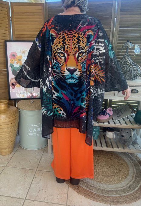 Tunique voile doublée oversize effet jeans noir Jungle Tropicale Le Tigre du 40 au 52 