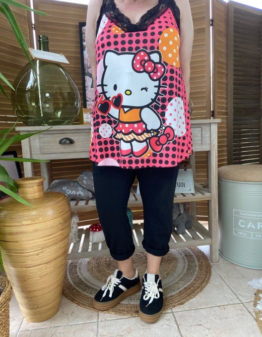 Caraco Débardeur Top trapèze satiné mat & dentelle pois Hello Kitty du 40 au 52 