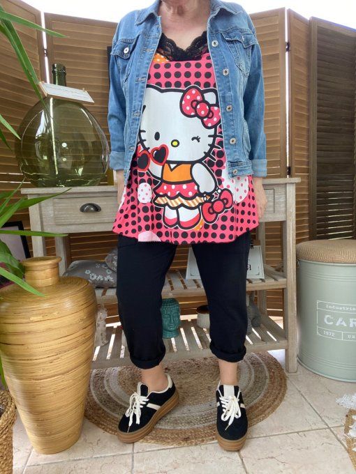 Caraco Débardeur Top trapèze satiné mat & dentelle pois Hello Kitty du 40 au 52 