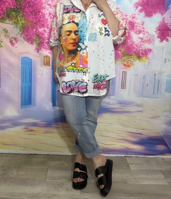 Chemise blanche & Léopard corail manches réglables Frida Kahlo Street Art du 40 au 50/52 