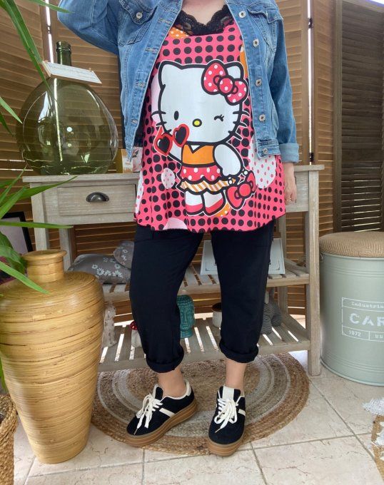 Caraco Débardeur Top trapèze satiné mat & dentelle pois Hello Kitty du 40 au 52 