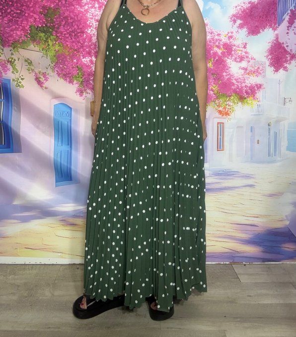 Robe à bretelles longue plissée Kaki pois blancs  douceur ++++ du 40 au 54/56 