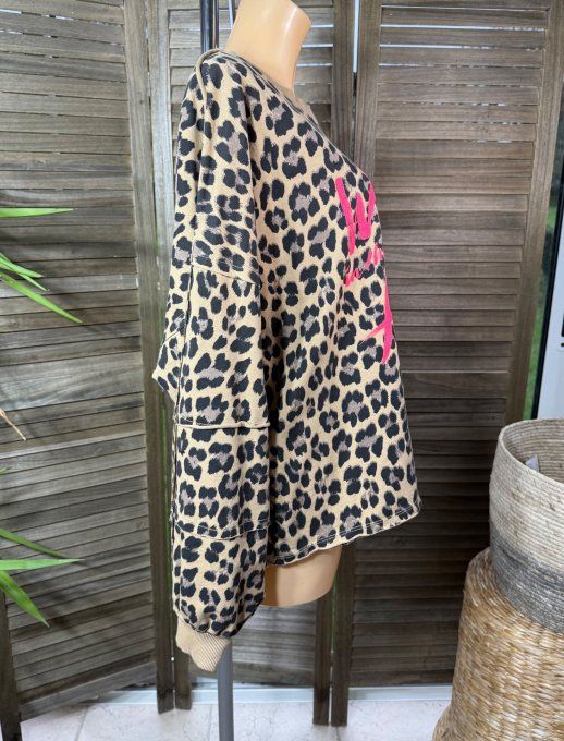 Sweat ample court Léopard camel "we believe" rose fuchia du 38 au 48