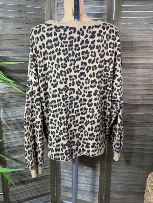 Sweat ample court Léopard camel "we believe" rose fuchia du 38 au 48