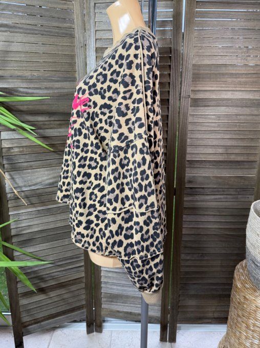 Sweat ample court Léopard camel "we believe" rose fuchia du 38 au 48