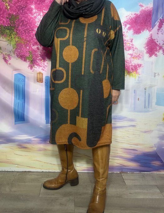 Robe courte ou Maxi-tunique + Tour de cou Kaki Chats noirs 60's Douceur +++ du 40 au 50