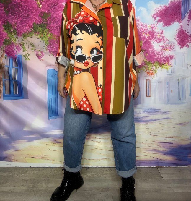 Chemise rayée kaki orange choco olive manches réglables Betty Boop du 40 au 52 