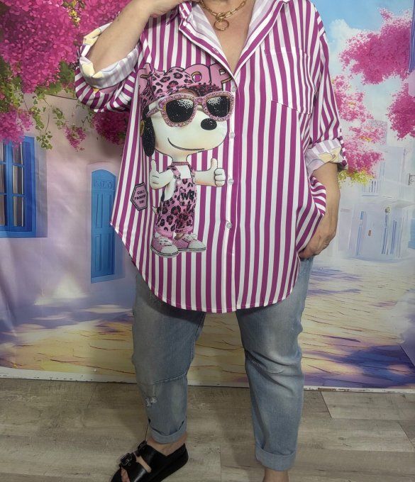 Chemise rayée Aubergine et blanche manches réglables Snoopy Léopard violet  du 40 au 50/52