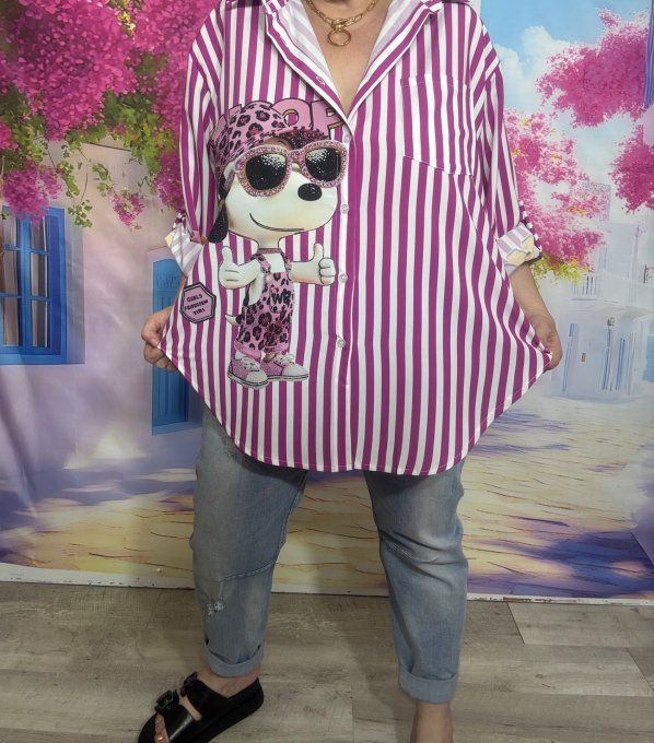 Chemise rayée Aubergine et blanche manches réglables Snoopy Léopard violet  du 40 au 50/52