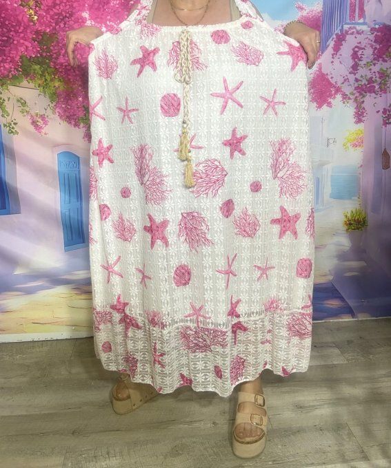 Robe trapèze dentelle blanche doublée Étoiles Coraux coquillages Fuschia Bohème Chic du 38 au 52