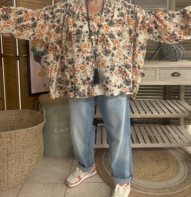 Blouse ample crème coton & soie Fleurs Liberty du 42 au 54/56