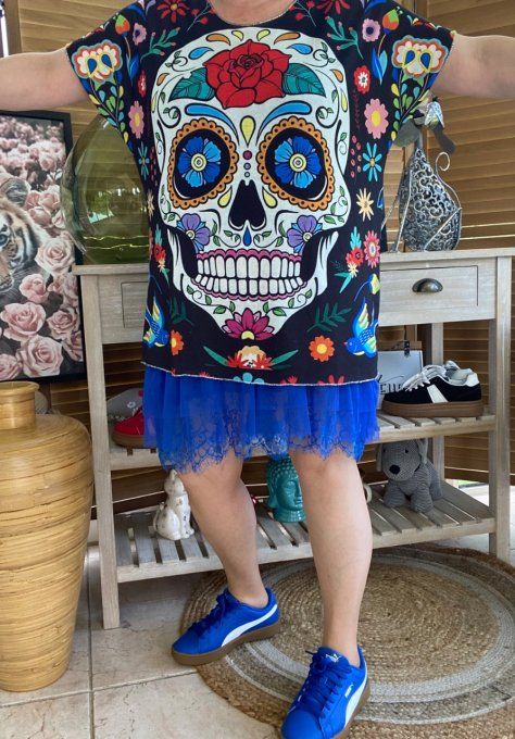Top fin ample noir Mexican Skulls Calaveras & fleurs du 40 au 52 