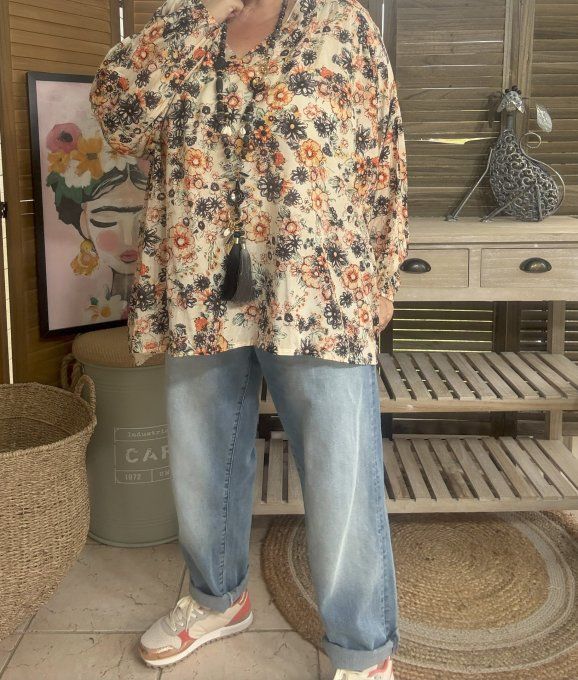 Blouse ample crème coton & soie Fleurs Liberty du 42 au 54/56