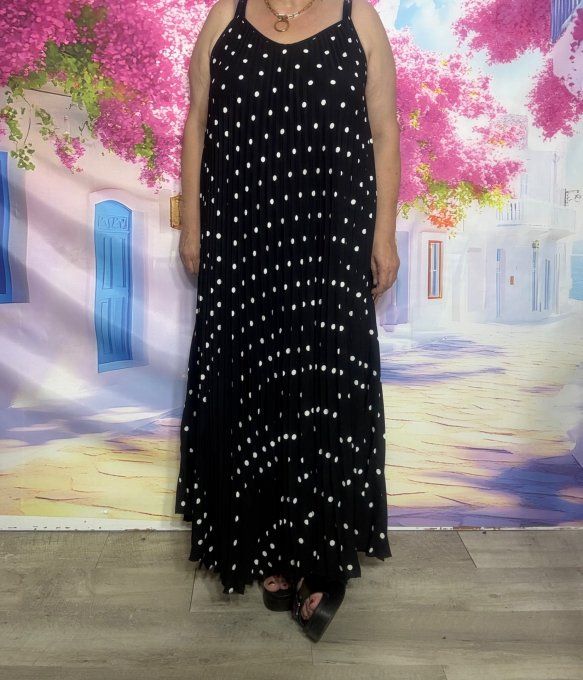 Robe à bretelles longue plissée noire pois blancs  douceur ++++ du 40 au 54/56 