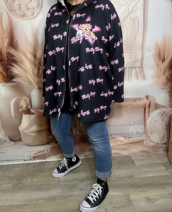 Gilet à capuche oversize noir & rose Betty Boop du 42 au 56 et même + 