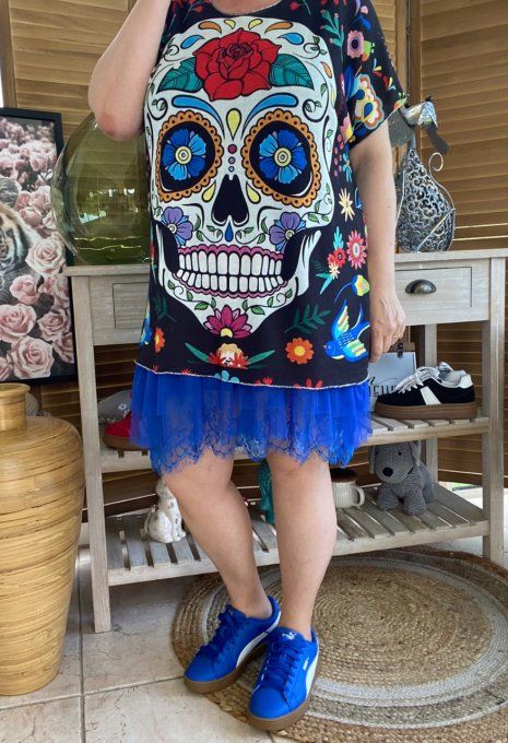 Top fin ample noir Mexican Skulls Calaveras & fleurs du 40 au 52 