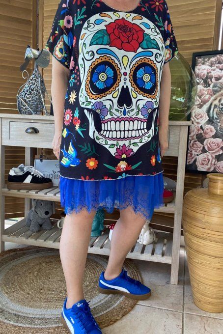 Top fin ample noir Mexican Skulls Calaveras & fleurs du 40 au 52 