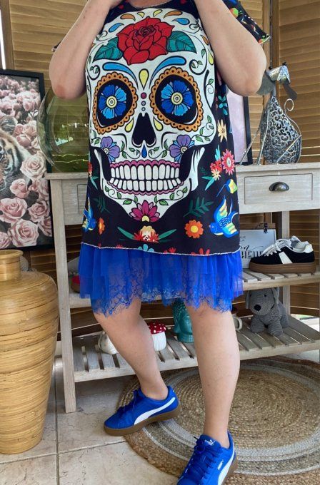Top fin ample noir Mexican Skulls Calaveras & fleurs du 40 au 52 