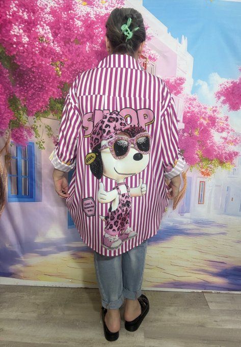 Chemise rayée Aubergine et blanche manches réglables Snoopy Léopard violet  du 40 au 50/52
