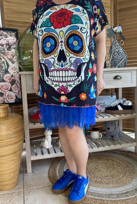 Top fin ample noir Mexican Skulls Calaveras & fleurs du 40 au 52 