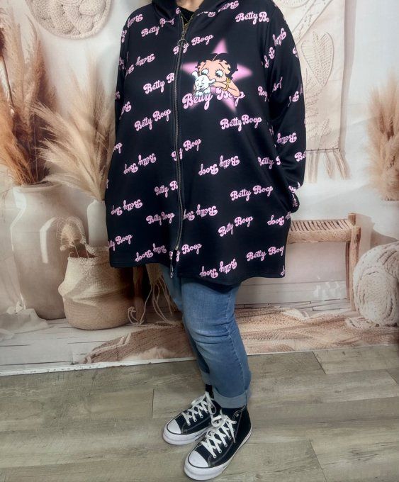 Gilet à capuche oversize noir & rose Betty Boop du 42 au 56 et même + 