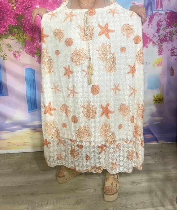 Robe trapèze dentelle blanche doublée Étoiles Coraux coquillages orangés Bohème Chic du 38 au 52