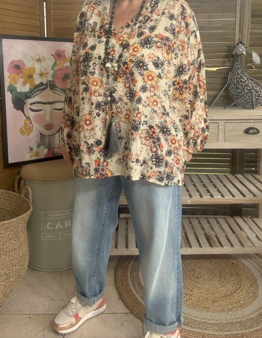 Blouse ample crème coton & soie Fleurs Liberty du 42 au 54/56