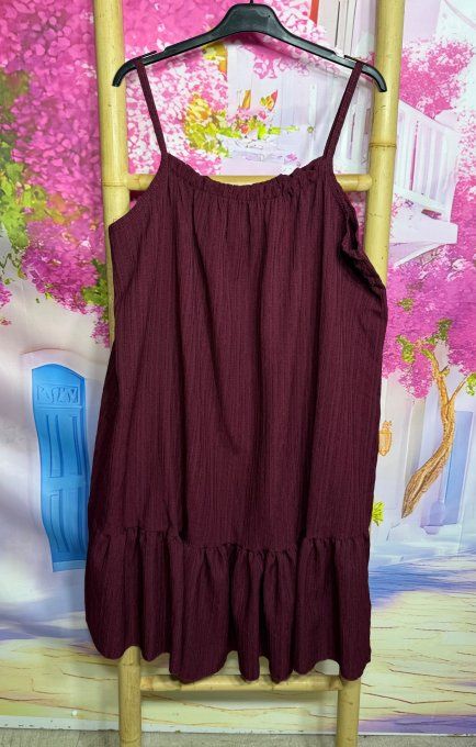 Robe à bretelles trapèze volantée courte cannelée Lie de Vin douceur ++++ du 38 au 48/50 